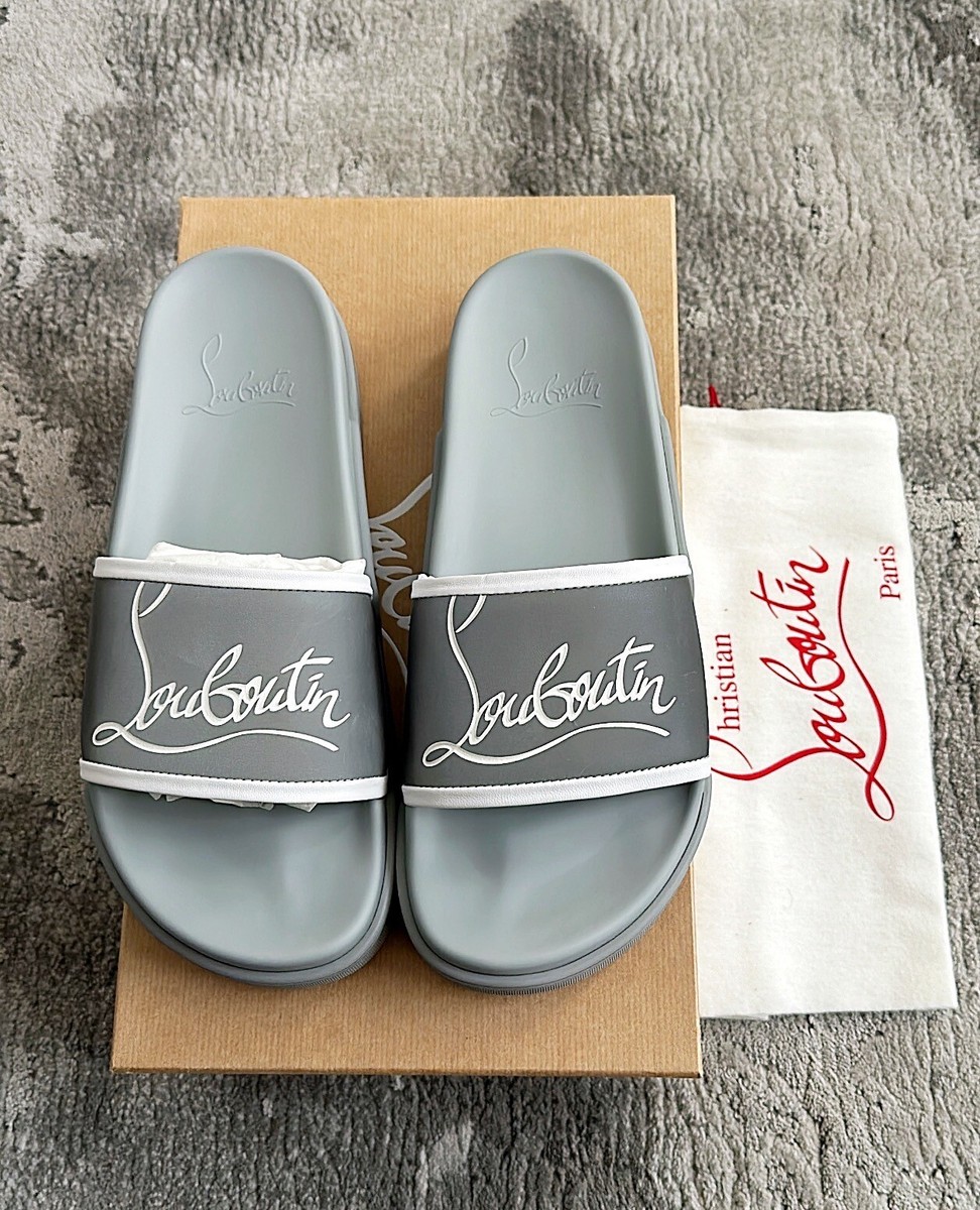 Christian Louboutin スパイクサンダル シルバー Authentic Christian Louboutin Navy Pool Silver Mens Slide/Sandal