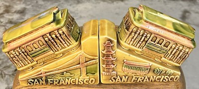 E F CLEMENTS San Francisco Cable Car Ceramic Bookends - VG