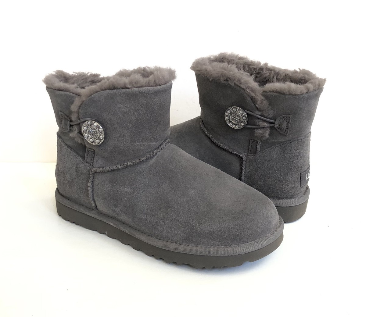 UGG MINI BAILEY BUTTON CRYSTALS GREY GRAY SHEARLING BOOTS US 11