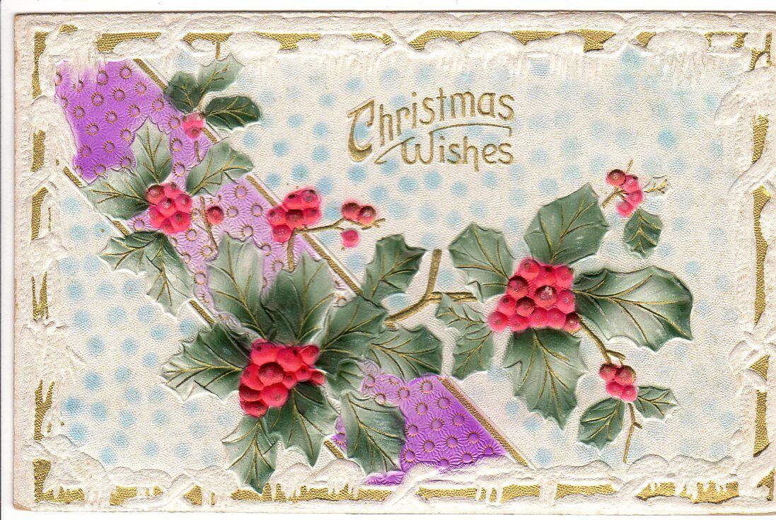 Vintage Postcard Christmas Greeting post Spartansburg Pa Embossed Holly