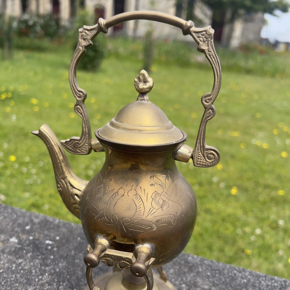 Vintage Brass Kettle On Warmer stand Beautiful Spirit Antique Home