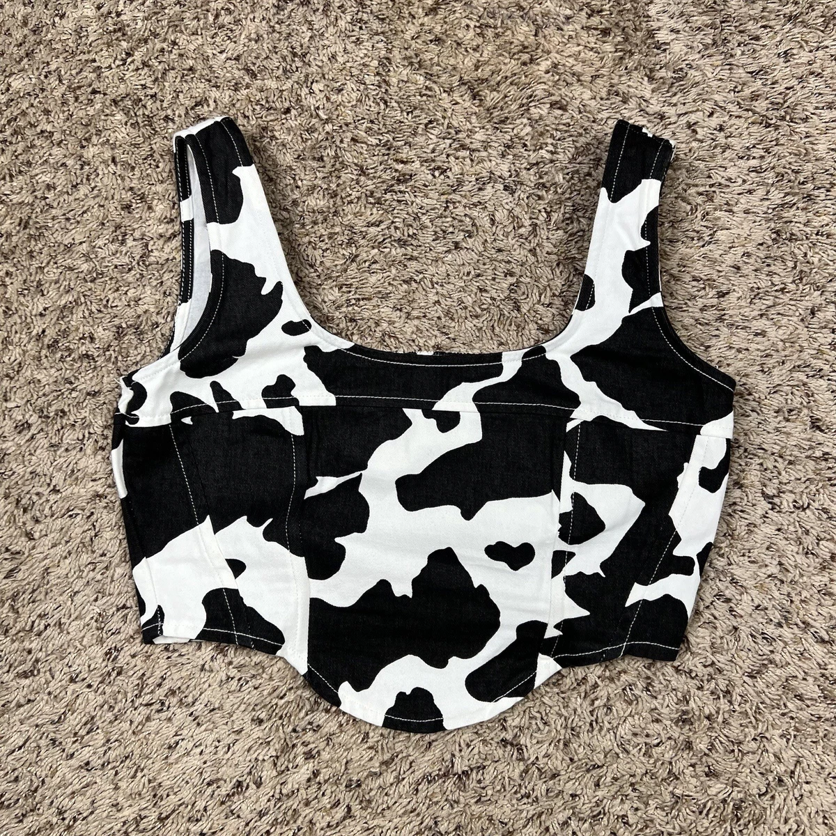 NEW Stylish Lone Star Cow Print Corset Structured Denim Crop Top Womens  Medium