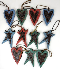 11 Primitive Wood Heart Star Wire Wrapped Embossed Ornaments Leather Rustic 11 Primitive Wood Heart Star Wire Wrapped Embossed Ornaments Leather Rustic
