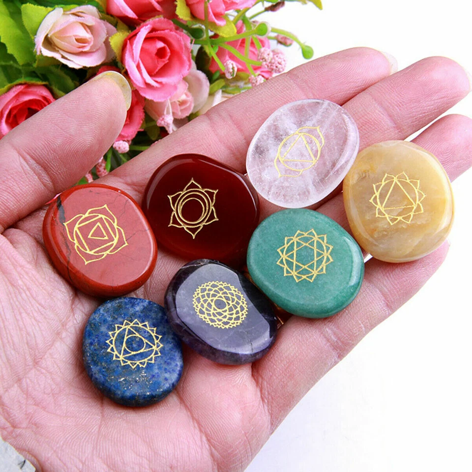 7x Chakra Steine Reiki Heilung Yoga Energie Heilstein Edelstein mit Symbolen Set - Bild 2 von 4