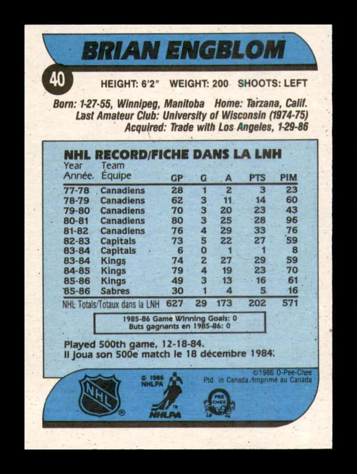 1986-87 O-Pee-Chee Hockey Brian Engblom #40 Calgary Flames NM Near Mint - Image 2 of 2