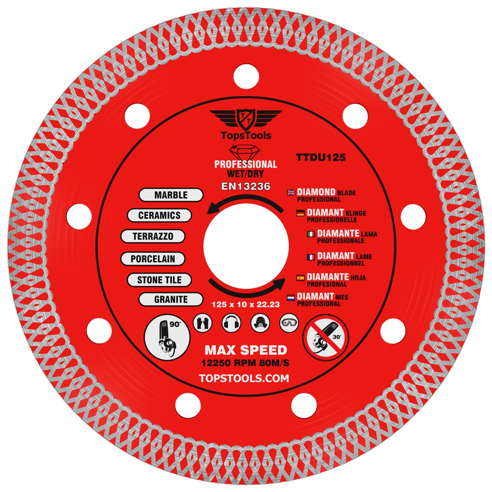 TopsTools 125mm Thin Turbo Diamond Grinder Cutting Blade Disc for Tiles 5inch