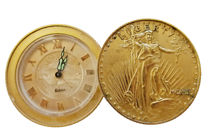 20 Dollars Liberty Gold Coin Bulova Mechanical Wind Up Alarm Desk