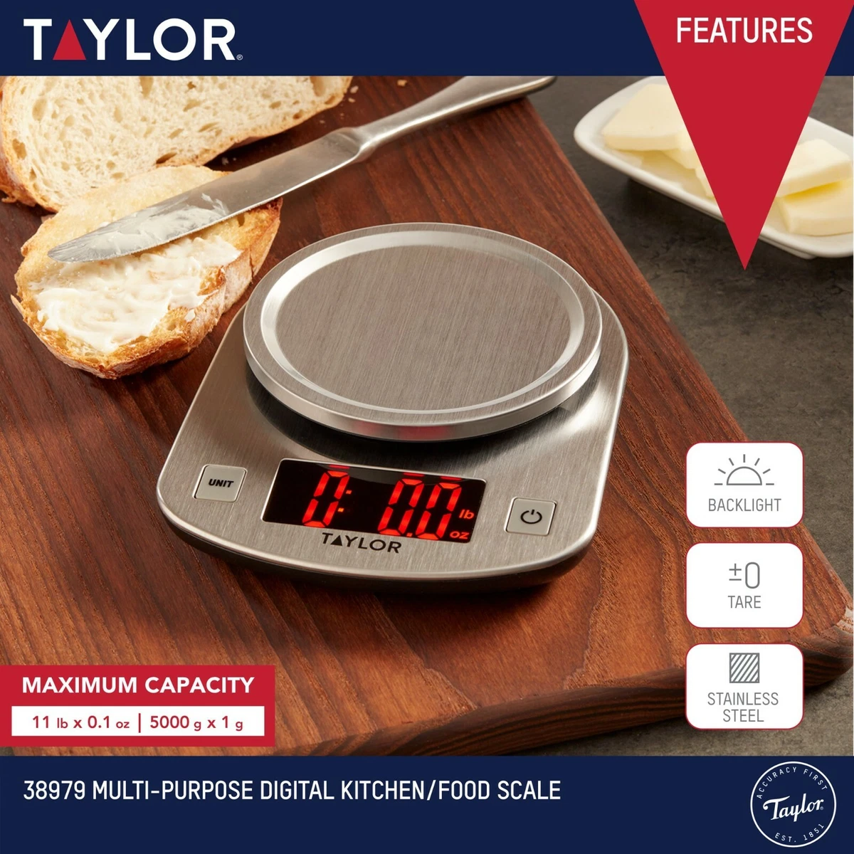 Digital Kitchen Scale Food Multifunction Accuracy Digital Scale LCD Display 11lb 5kg, Food Scales Digital Weight Grams and oz, Baking Scale, Stainless