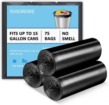 15 Gallon Black Trash Bags, 22 Micron Thick Tall Garbage Bags for Office Kitc...