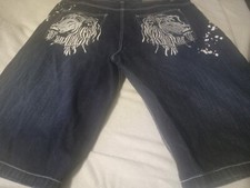 VTG Y2K Evolution Jean Shorts Skater Baggy Wide Loose Embroidered Lions Size 44