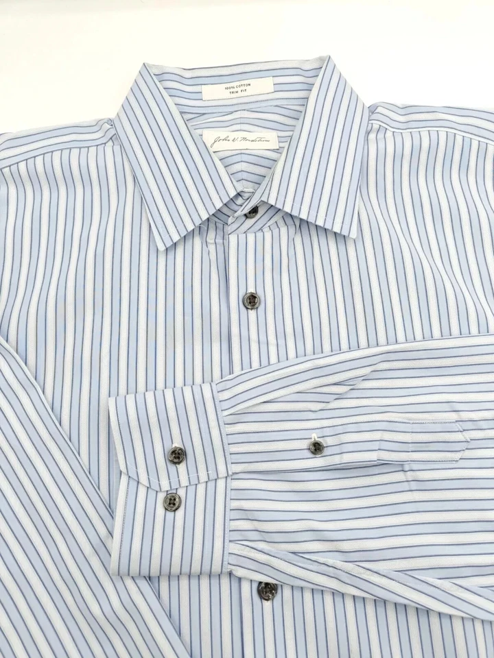 🇺🇲 John W Nordstrom Mens 16.5x33 Blue Stripe 100% Cotton Trim Fit Dress Shirt - Image 2 of 4