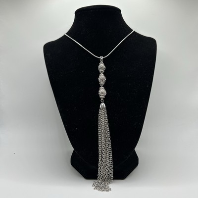 Christopher & Banks Long Y-Neck Pave Stone Silver Necklace