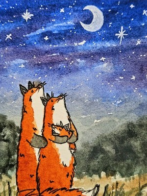 Fuchs Mama Papa, Baby, Stern, Mond Aquarell Gemälde Waldtier Kinderzimmer Deko