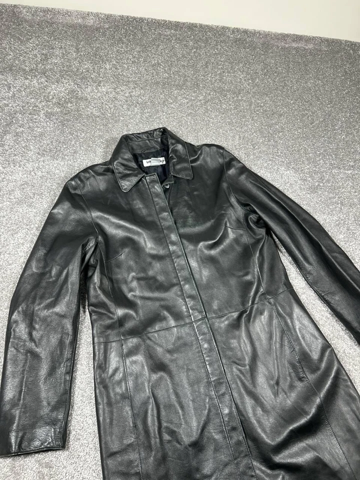 Vintage Y2k Brooks Brothers Leather Coat Womens Medium Black Long Trench Matrix - Image 3 of 4