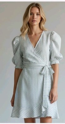 DRAPER JAMES RSVP MULTI-COLOR STRIPE PUFF SLEEVE WRAP DRESS SIZE MEDIUM NWT