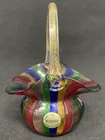 Murano Multicolored & Gold Accents Striped Art Glass Miniature Basket w/Handle