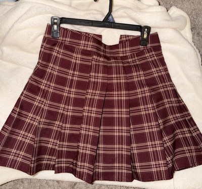 Girls XS Burgundy/White Plaid Pleated School Uniform Skirt 1-Piece