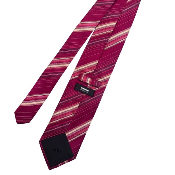 Corbata Hugo Boss – seda 100% – tonos burdeos y beige – diseño de rayas