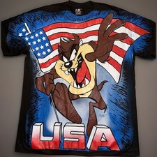 Vintage Taz USA T Shirt AOP DOUBLE SIDED Big Logo 1995 90s Looney Tunes Mens XL