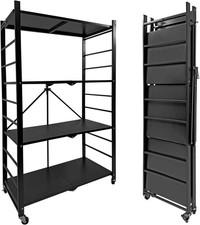 4 Tier Foldable Metal Rack Storage Shelving Unit With Wheel For Home UK