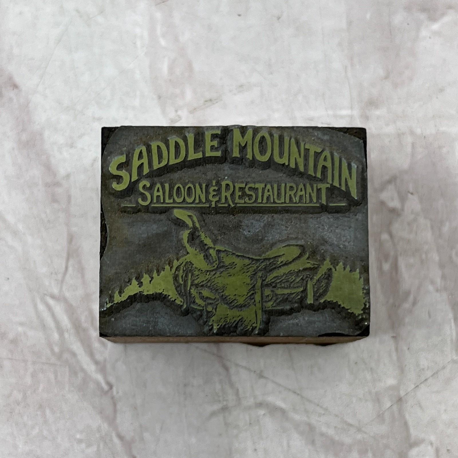 Vintage Saddle Mountain Saloon Letterpress Print Block SF5 Retro Restaurant Sign