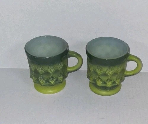 Fire-King Mug Lot of 2 Vintage Green Kimberly Diamond Pattern