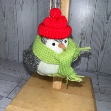 Christmas Ornament of a Bird with Red Knit Hat and Green Scarf Whimsical Festive