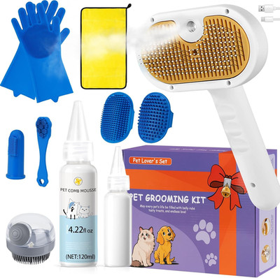 Pet Steam Brush Set for Dogs & Cats, Includes 3-In-1 Self Cleaning Spray Comb, W