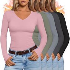 5 Pack Women's Thermal Long Sleeve Shirts Fleece Lined V Neck Tops Slim Fit B...