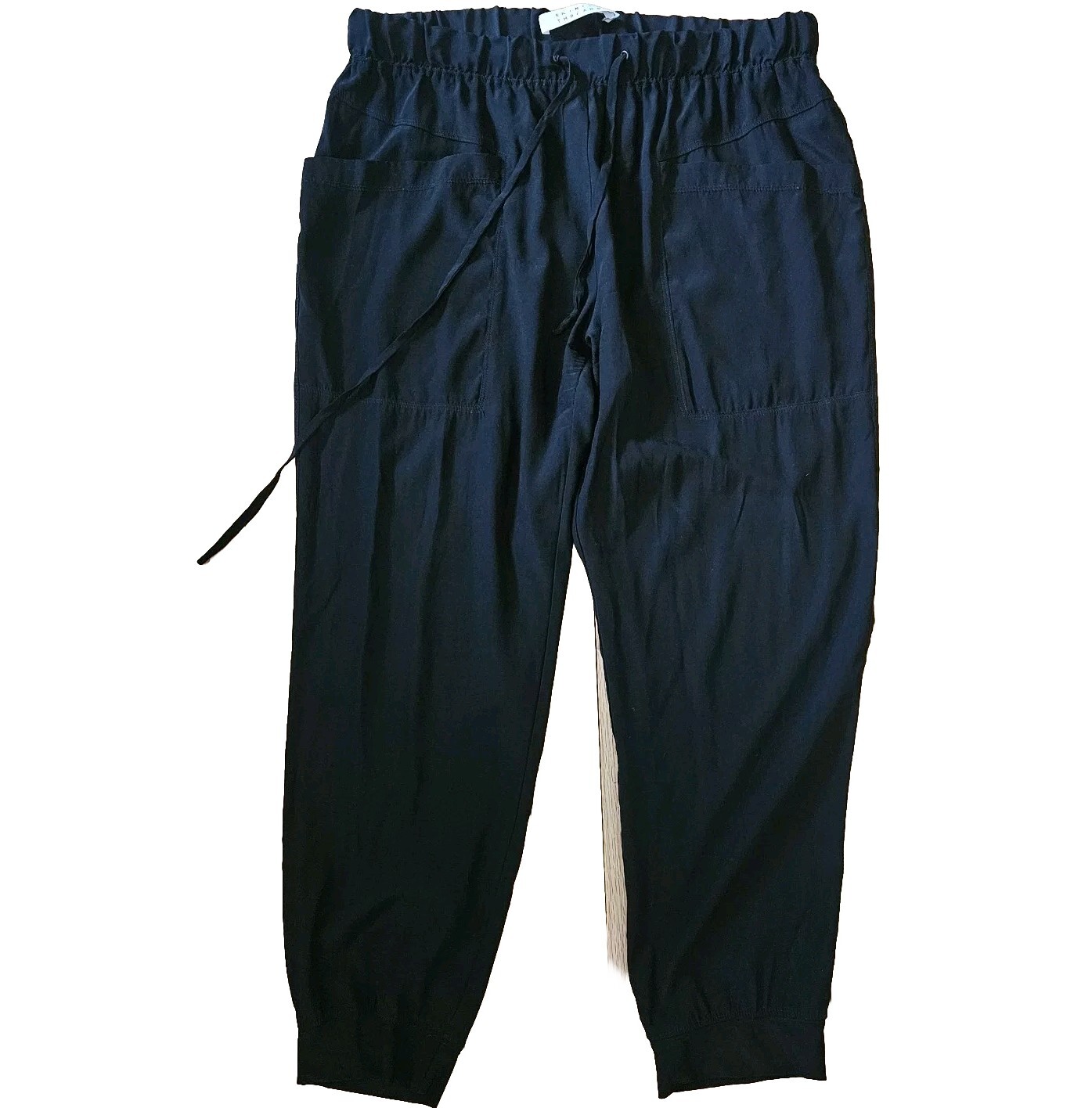 Skin and Threads Womens Silk Jogger Pants Black Pull on 3 L Cropped Cargo pocket