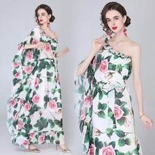 Summer Floral Print One Shoulder Long Sleeve Women Casual Beach Ruffle Dresses