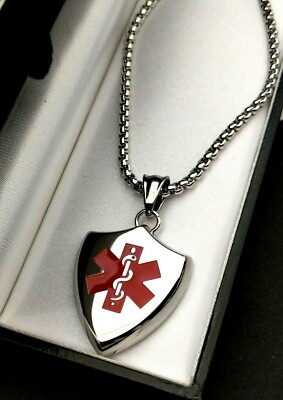 Großer Stahl SOS medizinischer Warnschild Talisman graviert Halskette Geschenk für Papa