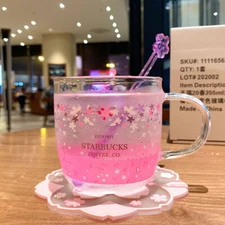 Starbucks Glass Cup Cold Color-Changing Pink Sakura Coffee Cup With Coaster &Rod