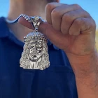 Huge Jesus Piece Pendant Cuban Crown Head Necklace Silver Tone Hip Hop Chain 30"