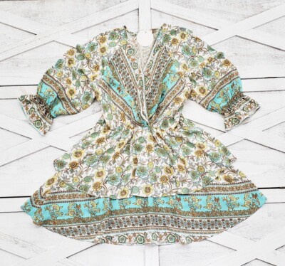 Plus Size Bohemian Gypsy Floral Border Print Layered Flared Dress Mint  Ivory 1X | eBay