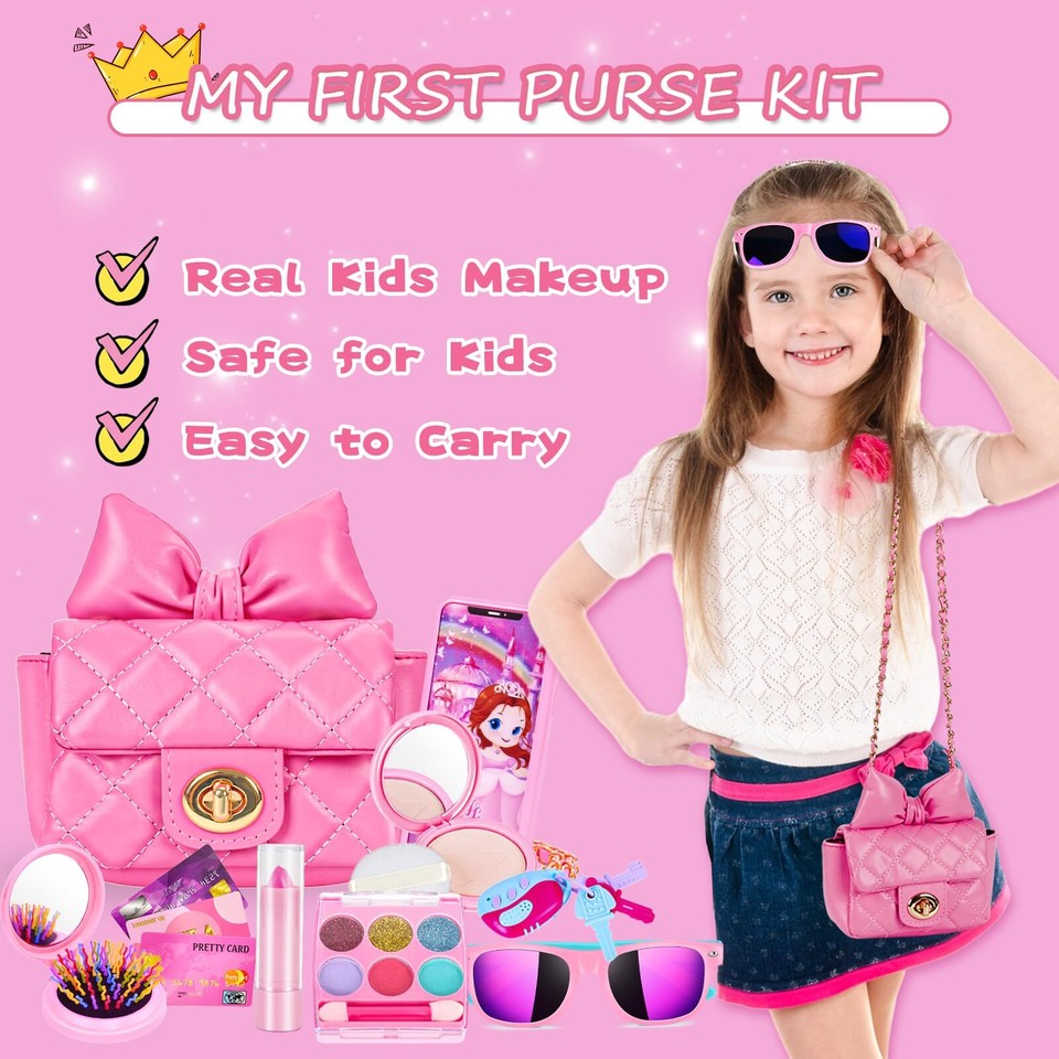Little Girl Purse with Makeup Kit, My First Purse Set with Chain Bag