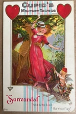 Valentine Cupids Military Tactics Romantic Hearts Antique Postcard c1910