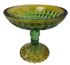 VTG Jeannette Glass Compote Green Yellow Ombre Footed Pedestal Candy Dish MCM