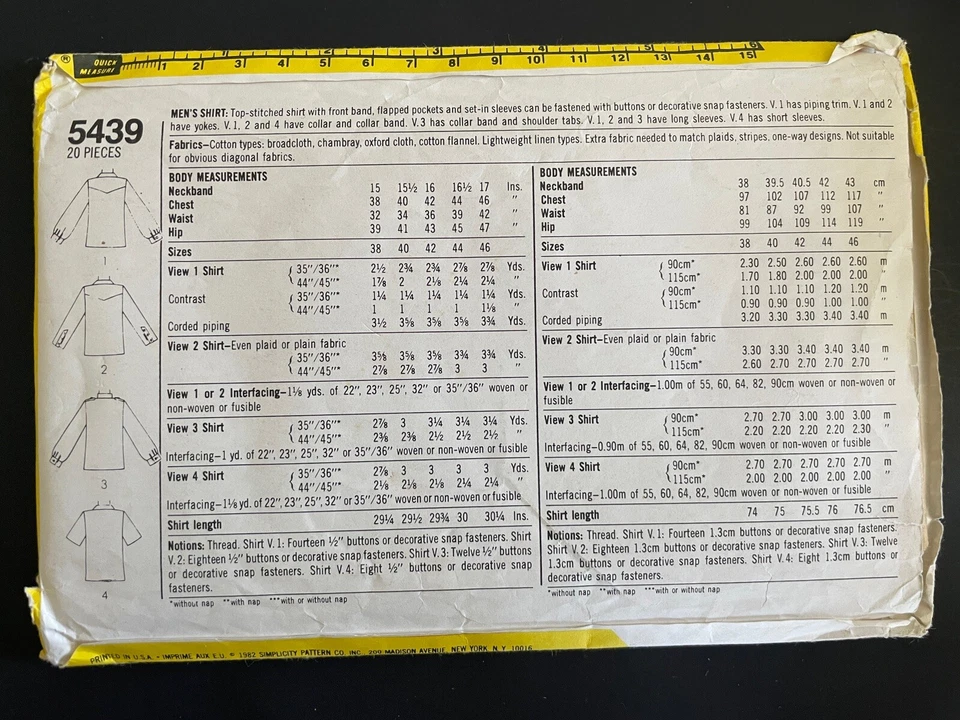 5439 Size 44 16-1/2 SIMPLICITY John Weitz Western Shirt Flap Pockets Yokes - Image 2 of 2