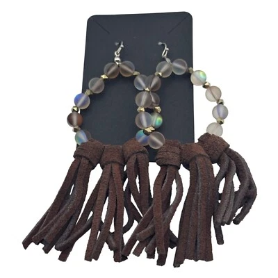 Brown Suede Fringe Earrings With Frosted Beads & Gold Accents - Image 1 of 3