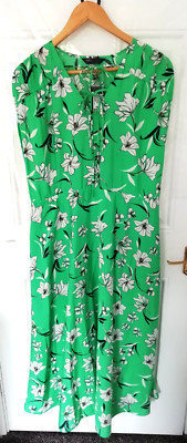 M&S Collection 12 R Grün Marineblau Weiß Blumen Kleid Neu Kordelzug Taille Maxi