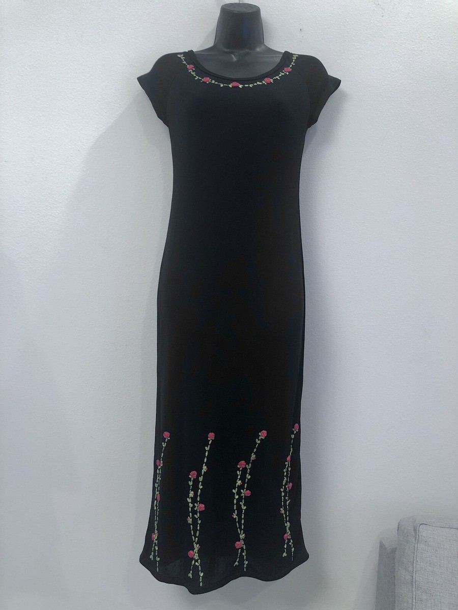 NWOT Francesca Caretti Embroidered Floral Black Fitted Midi T Shirt Dress  Size 2 | eBay