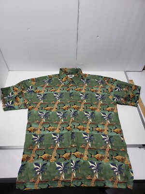 AVI Collection By KAHALA VTG Men Casual Green Open Sea Palm Tree Fish Shirt Sz M