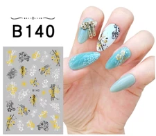 Flower Plant Nail Stickers Back Glue BLACK GOLD LINE ABSTRACT DAISY Decals NS33