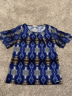 Calvin Klein Women s Blouse - XS - Blue Geometric Print - Flutter Sleeves