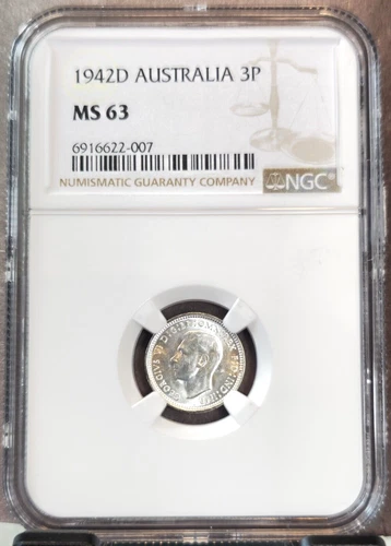 1942 AUSTRALIA 3 PENCE 3P GEORGE VI NGC MS 63 BEAUTIFUL LUSTER DENVER MINT