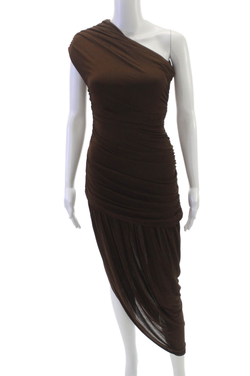 Zara Women Bodycon One Shoulder Mid-Calf Brown Acetate Dress Size XSFree Shipping in US $100+ Orders | $6.95 Orders Below