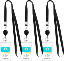 3 Pack Retractable Lanyards with ID Badge Holders, Waterproof Black