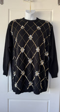VTG 80s Alfred Dunner Black Sweater 2XL  Knit Argyle Beaded Sequin Embellished