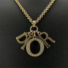 Christian Dior CD Logo Rhinestone Chain Necklace Gold Tone Rare Authentic Japan